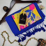 Blue Handloom Cotton Saree With Floral Printed Blouse