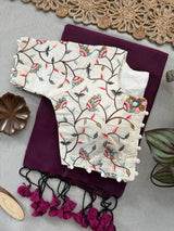 Wine Khadi Cotton Saree With Embrodery Work Stitched Blouse