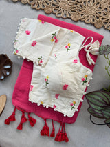 Baby Pink Khadi Cotton Saree With Embrodery Work Stitched Blouse