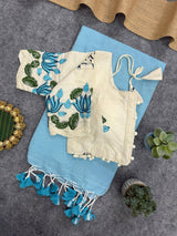 Sky Handloom Cotton Saree With Embrodery Work Stitched Blouse