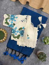 Firozi Handloom Cotton Saree With Embrodery Work Stitched Blouse