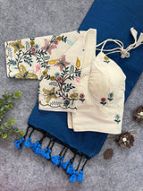 Firozi Handloom Cotton Saree With Embrodery Work Stitched Blouse