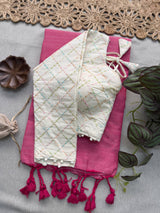 Light Pink Khadi Cotton Saree With Embrodery Work Stitched Blouse