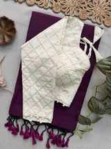 Wine Khadi Cotton Saree With Embrodery Work Stitched Blouse