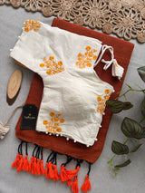 Orange Khadi Cotton Saree With Embrodery Work Stitched Blouse