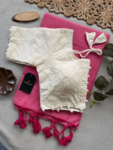 Baby Pink Khadi Cotton Saree With Embrodery Work Stitched Blouse