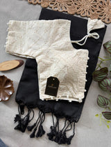 Black Khadi Cotton Saree With Embrodery Work Stitched Blouse