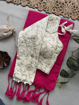 Pink Khadi Cotton Saree With Embrodery Work Stitched Blouse