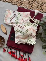 Maroon Khadi Cotton Saree With Embrodery Work Stitched Blouse