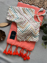 Peach Khadi Cotton Saree With Embrodery Work Stitched Blouse