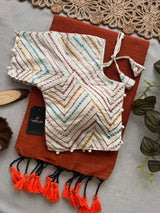 Orange Khadi Cotton Saree With Embrodery Work Stitched Blouse