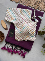 Wine Khadi Cotton Saree With Embrodery Work Stitched Blouse