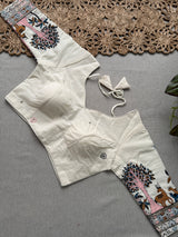 Baby Pink Khadi Cotton Saree Embrodery Work Stitched Blouse