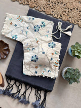 Grey Khadi Cotton Saree With Embrodery Work Stitched Blouse