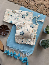 Sky Khadi Cotton Saree With Embrodery Work Stitched Blouse