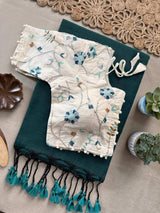 Dark Green Khadi Cotton Saree With Embrodery Work Stitched Blouse