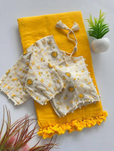 Yellow Khadi Cotton Saree With Embrodery Work Stitched Blouse