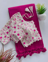 Pink Khadi Cotton Saree With Embrodery Work Stitched Blouse