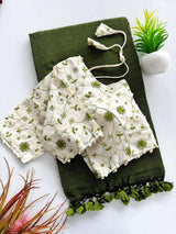 Green Khadi Cotton Saree With Embrodery Work Stitched Blouse
