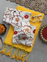Yellow Khadi Cotton Saree With Embrodery Work Stitched Blouse