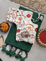 Green Khadi Cotton Saree With Embrodery Work Stitched Blouse