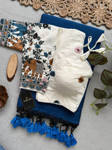 Firozi Khadi Cotton Saree With Embrodery Work Stitched Blouse