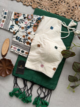 Green Khadi Cotton Saree With Embrodery Work Stitched Blouse