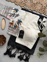 Black Khadi Cotton Saree With Embrodery Work Stitched Blouse