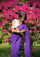 Vanika Navy Blue Khadi Cotton Saree With Embrodery Work Stitched Blouse