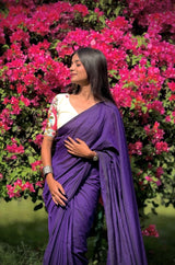 Vanika Navy Blue Khadi Cotton Saree With Embrodery Work Stitched Blouse