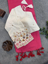 Peach Khadi Cotton Saree With Embrodery Work Stitched Blouse