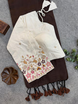 Brown Khadi Cotton Saree With Embrodery Work Stitched Blouse