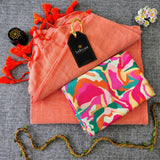 Peach Handloom Cotton Saree With Artistic Printed Blouse