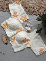 Orange Khadi Cotton Saree With Embrodery Work Stitched Blouse