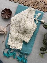 Sky Khadi Cotton Saree With Embrodery Work Stitched Blouse