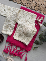 Pink Khadi Cotton Saree With Embrodery Work Stitched Blouse