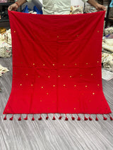 Red Khadi Cotton Saree Gini Work With Embrodery Work Stitched Blouse