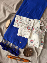 Blue Khadi Cotton Gini Work Saree With Embrodery Work Stitched Blouse