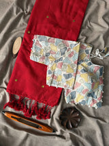 Red Khadi Cotton Saree Gini Work With Embrodery Work Stitched Blouse