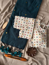 Green Khadi Cotton Gini Work Saree With Embrodery Work Stitched Blouse