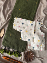 Mehndi Khadi Cotton Saree With Embrodery Work Stitched Blouse