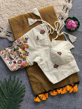 Golden Handloom Cotton Saree With Embrodery Work Stitched Blouse