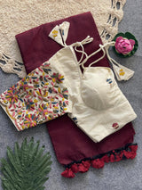 Maroon Khadi Cotton Saree With Embrodery Work Stitched Blouse