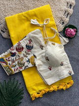 Yellow Khadi Cotton Saree With Embrodery Work Stitched Blouse