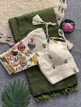 Green Khadi Cotton Saree With Embrodery Work Stitched Blouse