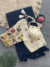 Navy Blue Khadi Cotton Saree With Embrodery Work Stitched Blouse