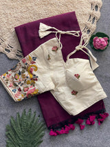 Wine Khadi Cotton Saree With Embrodery Work Stitched Blouse