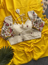 Yellow Khadi Cotton Saree With Embrodery Work Stitched Blouse