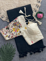 Black Khadi Cotton Saree With Embrodery Work Stitched Blouse