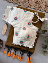 Golden Handloom Cotton Saree With Embrodery Work Stitched Blouse